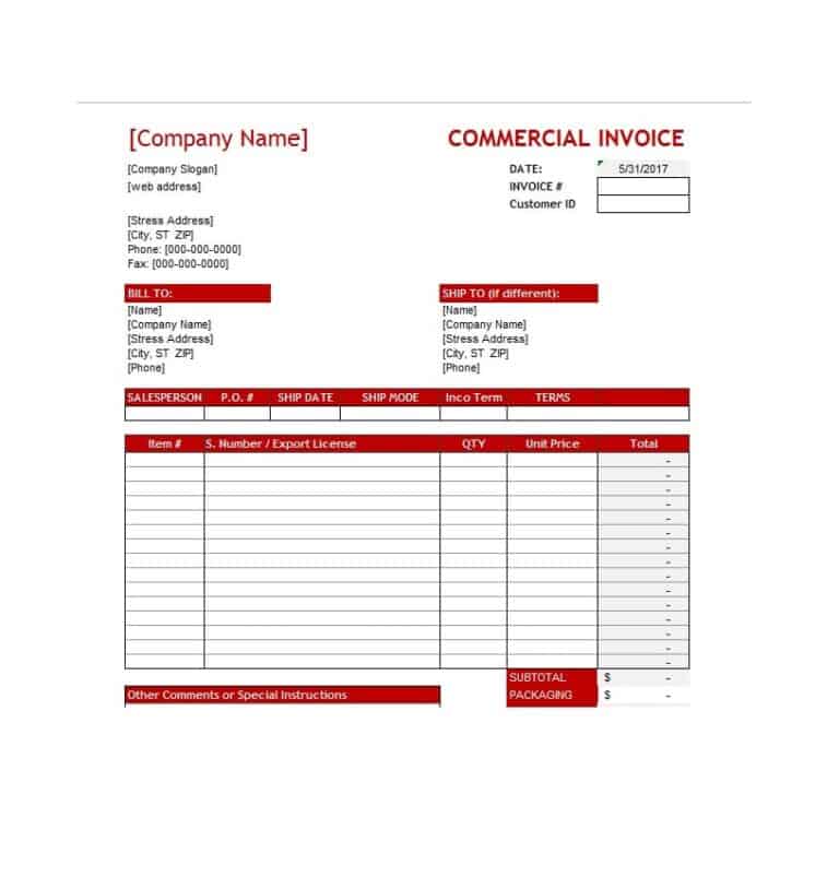 free fillable commercial invoice template