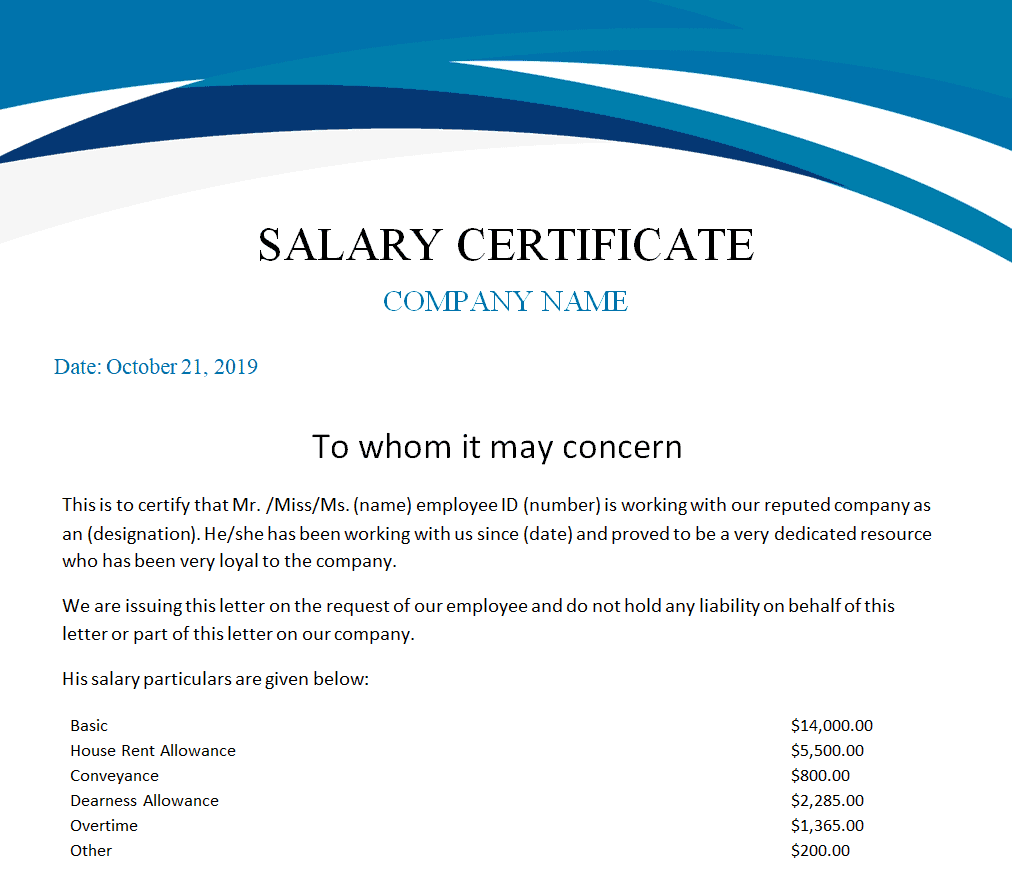 Salary Certificate Template 987680925 